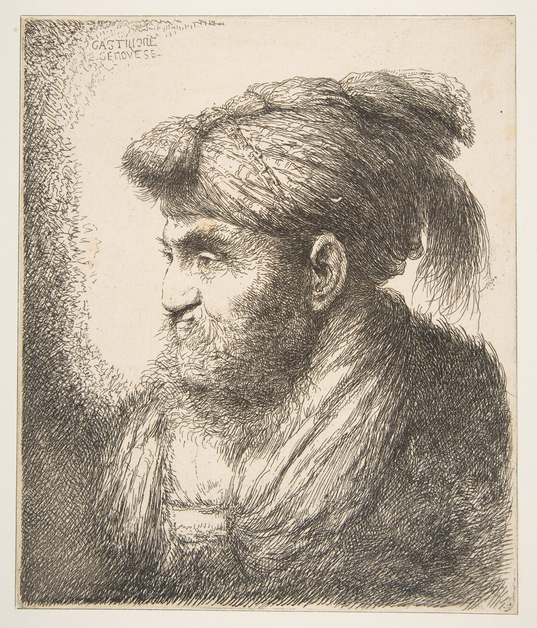 Mand iført turban vendt mod venstre, fra serien af store orientalske hoveder, ca. 1645-50. af Giovanni Benedetto Castiglione