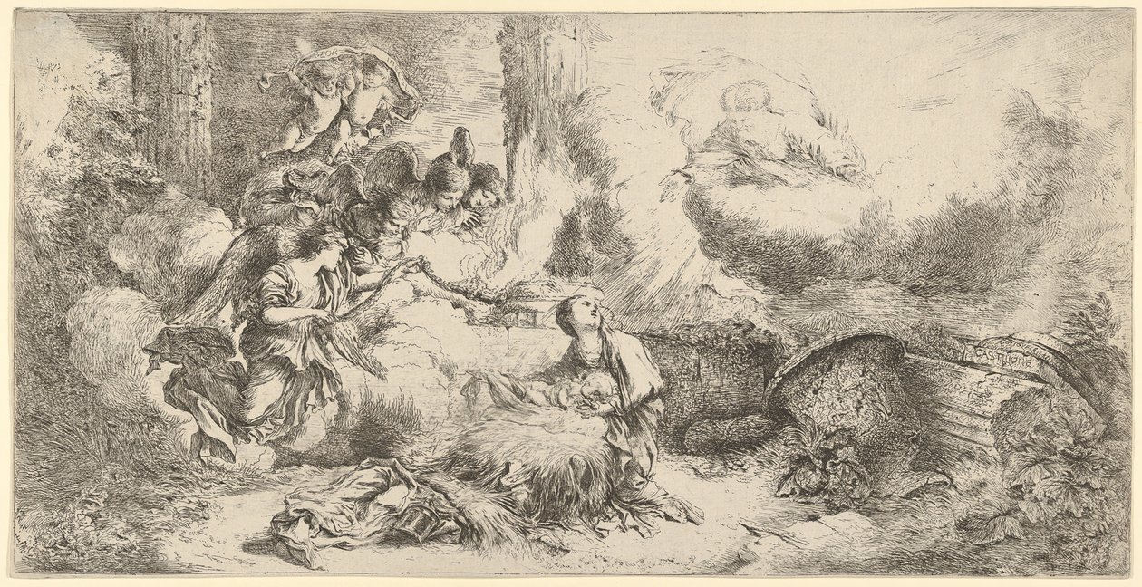 Fødsel med Gud Fader og engle, ca. 1647-50. af Giovanni Benedetto Castiglione