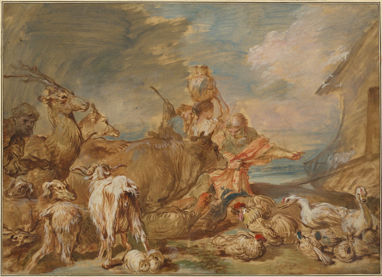 Noah, der fører dyrene ind i arken af Giovanni Benedetto Castiglione