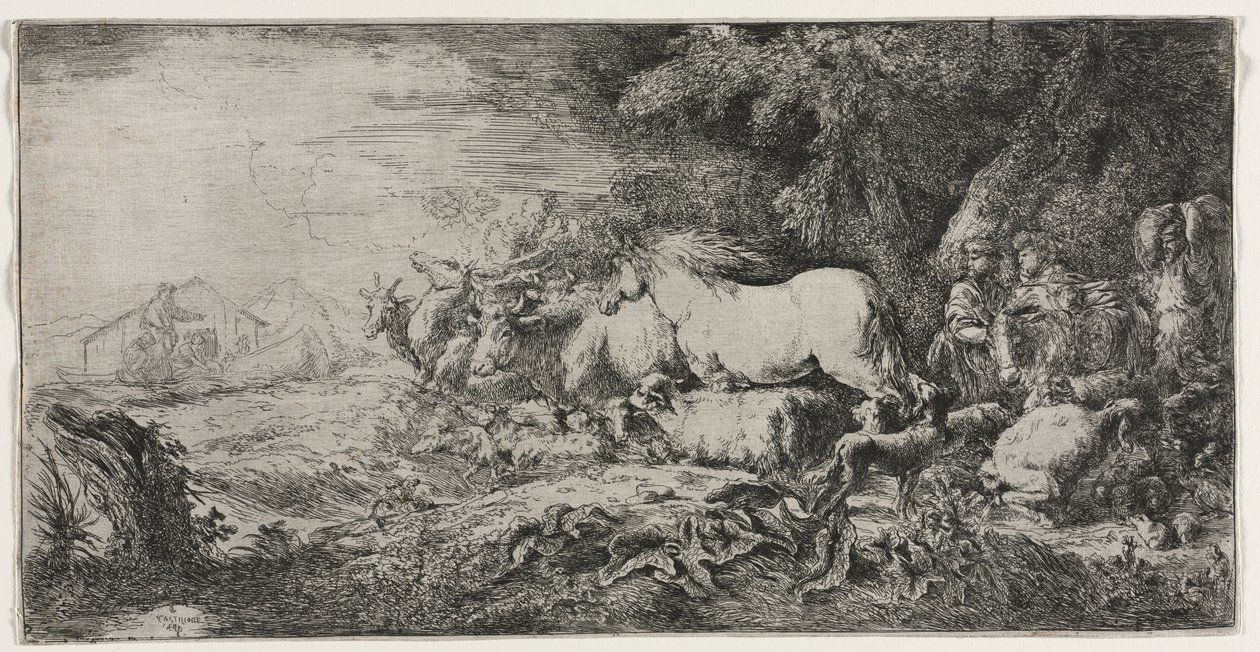Noah og dyrene på vej ind i arken, 1650-1655. af Giovanni Benedetto Castiglione