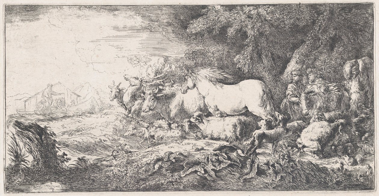 Noa og dyrene på vej ind i arken, ca. 1650-55. af Giovanni Benedetto Castiglione