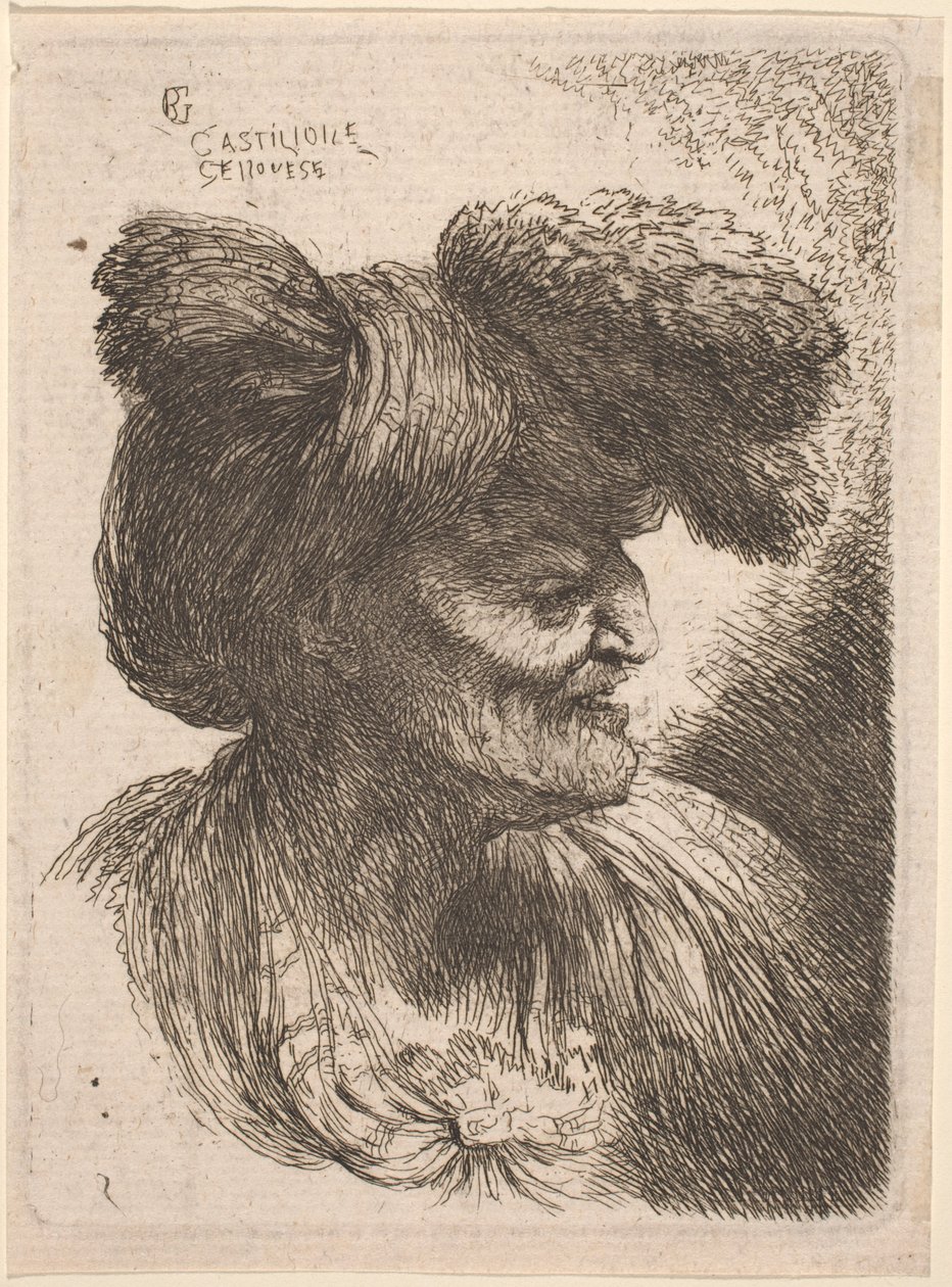 Gammel mand iført en turban prydet med pels, vendt mod højre af Giovanni Benedetto Castiglione