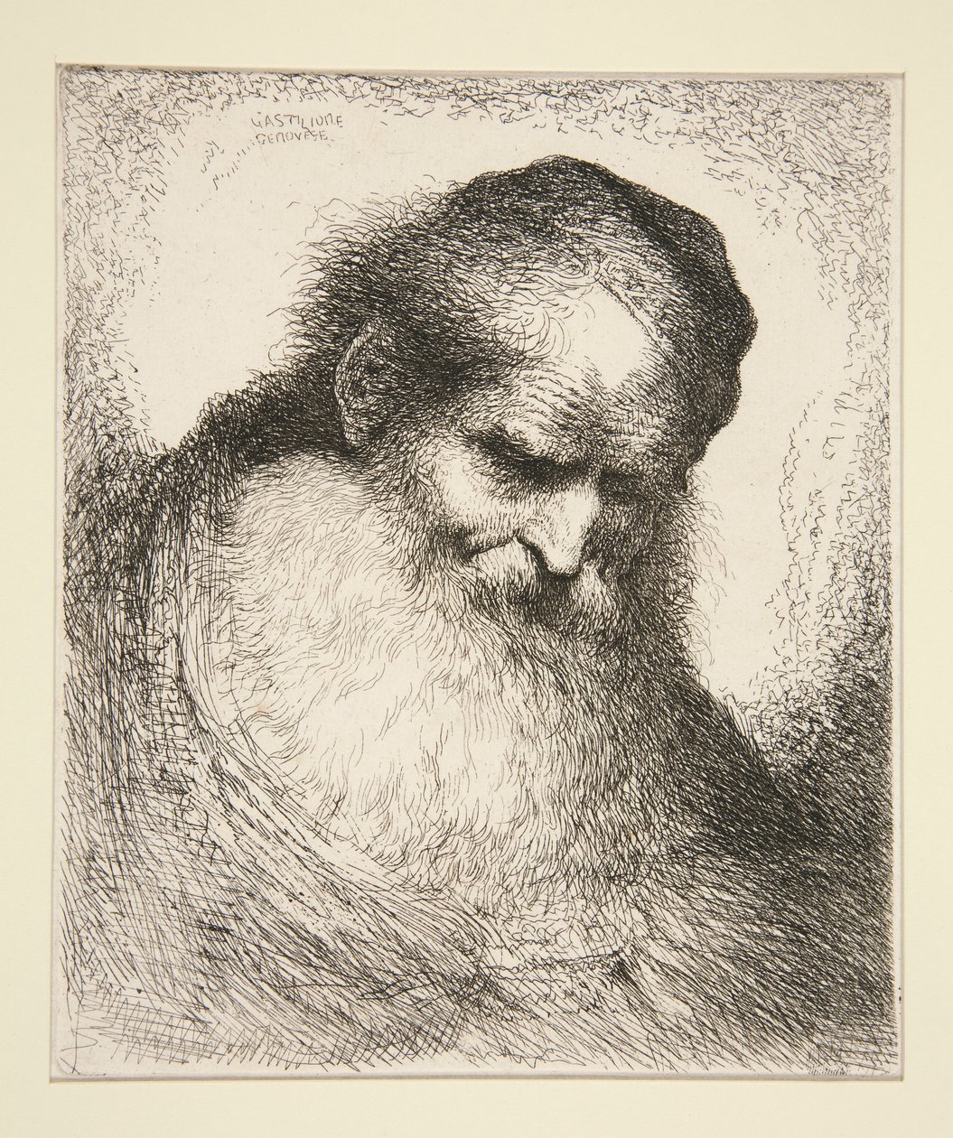 Gammel mand med skæg foran (fra serie af store orientalske hoveder) af Giovanni Benedetto Castiglione