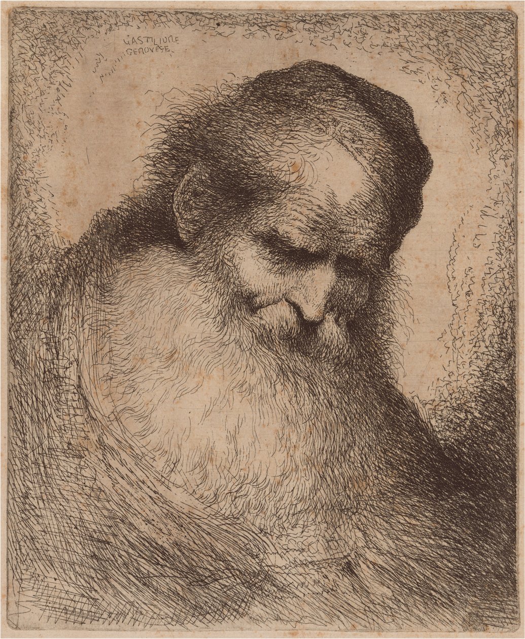 Gammel mand med langt skæg og kalot, der læner sig frem af Giovanni Benedetto Castiglione