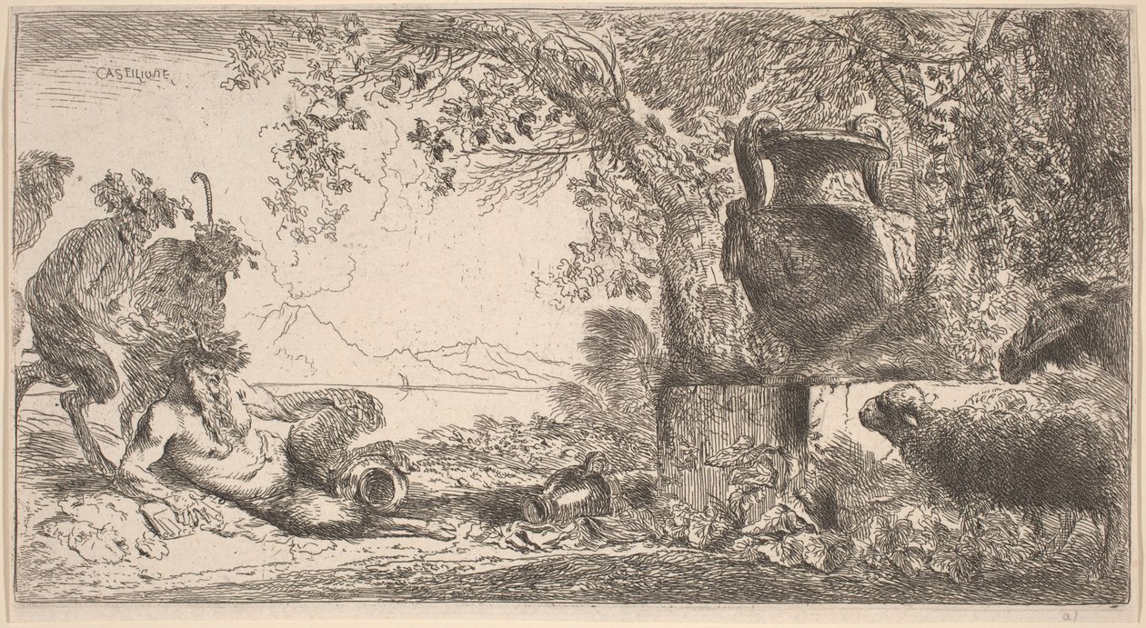 Pan tilbagelænet foran en stor vase af Giovanni Benedetto Castiglione