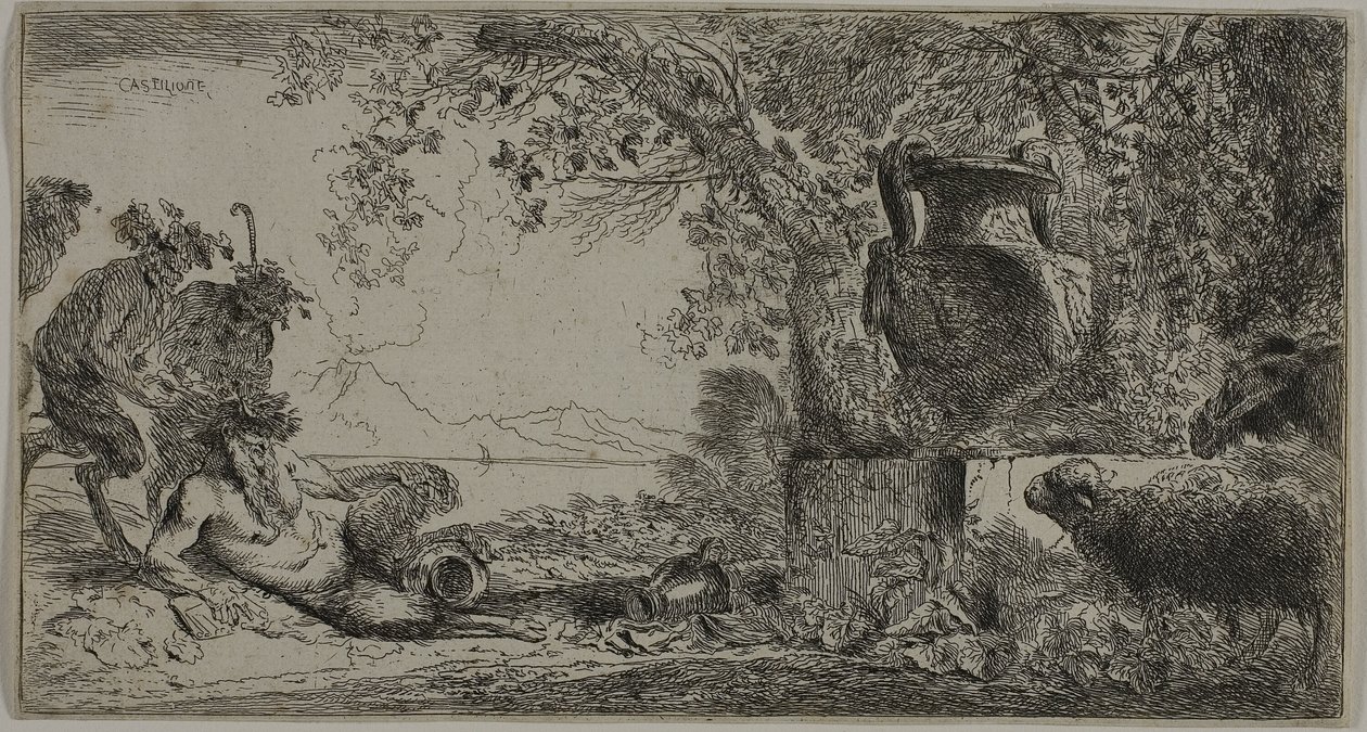 Pan tilbagelænet foran en stor vase af Giovanni Benedetto Castiglione
