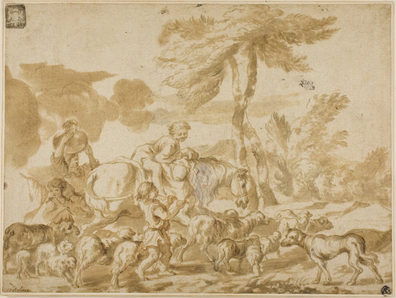 Bondefamilie med får og hund af Giovanni Benedetto Castiglione