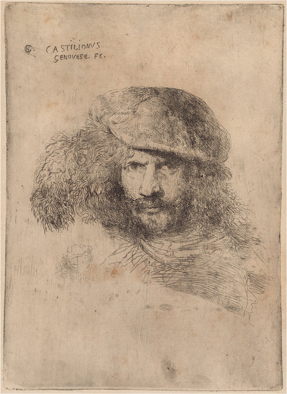 Selvportræt(?), Iført en plymeret kasket ["Portræt af Bernini"] af Giovanni Benedetto Castiglione