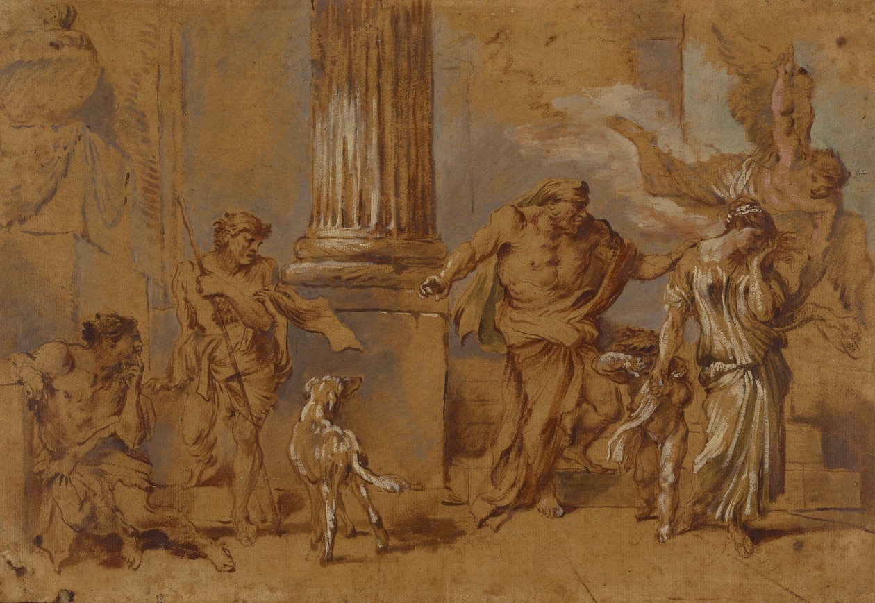 The Expulsion of Hagar, ca. 1640 (rød-brun, blå-grøn og hvid oliemaling og pensel på solbrunt papir) af Giovanni Benedetto Castiglione