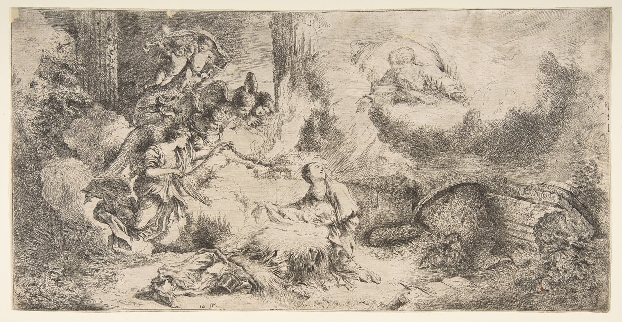 Jomfruen og barnet, Gud faderen øverst til højre, engle til venstre, ca. 1647-50. af Giovanni Benedetto Castiglione