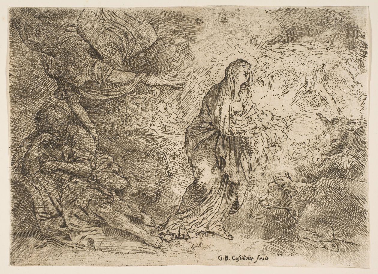 Englen vækker Josef til Jomfruens og Barnets nærvær, ca. 1645-49. af Giovanni Benedetto Castiglione