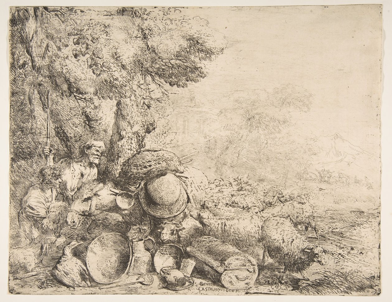 To hyrder, et æsel og andre dyr i et landskab, ca. 1638-1640. af Giovanni Benedetto Castiglione