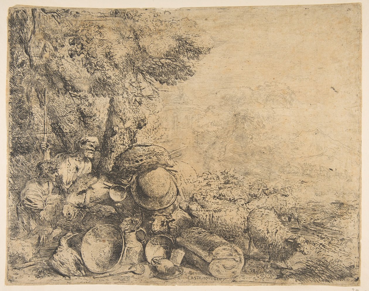 To hyrder, et æsel og andre dyr i et landskab, ca. 1638-1640. af Giovanni Benedetto Castiglione