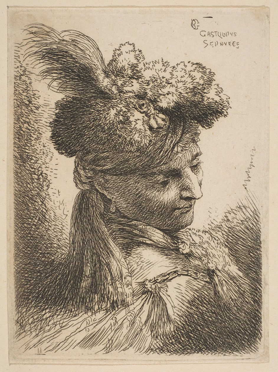 Ung mand vendt mod tre kvarter til højre iført pelshovedbeklædning med fane, juvel og..., ca. 1645-50. af Giovanni Benedetto Castiglione