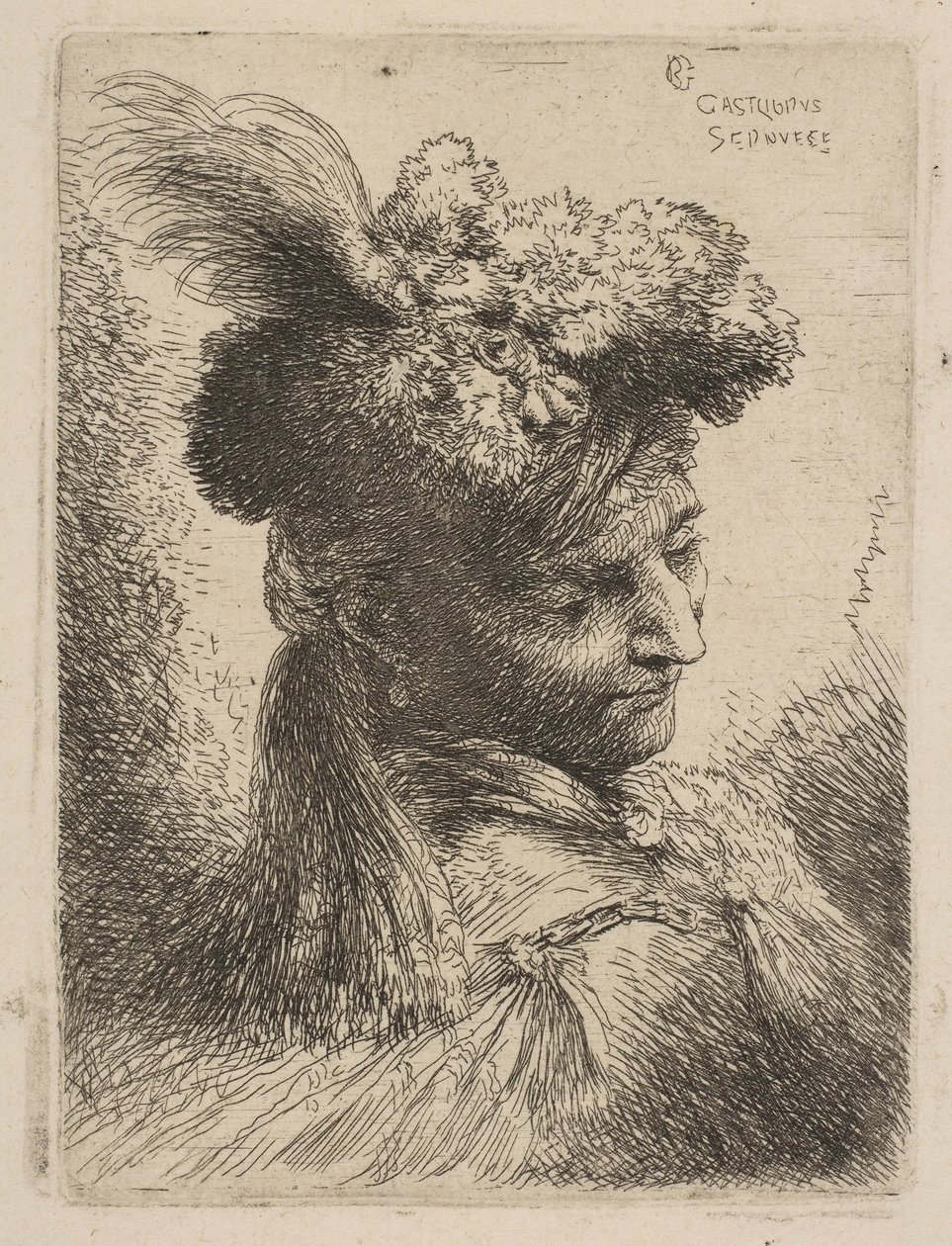 Ung mand vendt mod tre kvarter til højre iført pelshovedbeklædning med fane, juvel og..., ca. 1645-50. af Giovanni Benedetto Castiglione