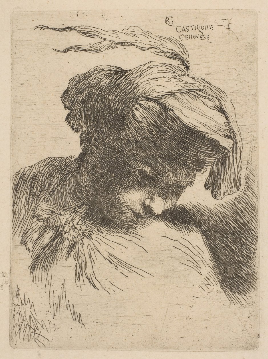 Ung mand ser ned til højre, fra serien af små hoveder i Oriental Headdr..., ca. 1645-50. af Giovanni Benedetto Castiglione