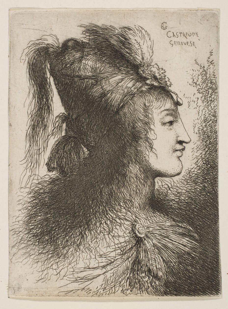 Ung mand iført en turban med fjære, vendt mod højre, fra serien af små hoveder ..., ca. 1645-1650. af Giovanni Benedetto Castiglione