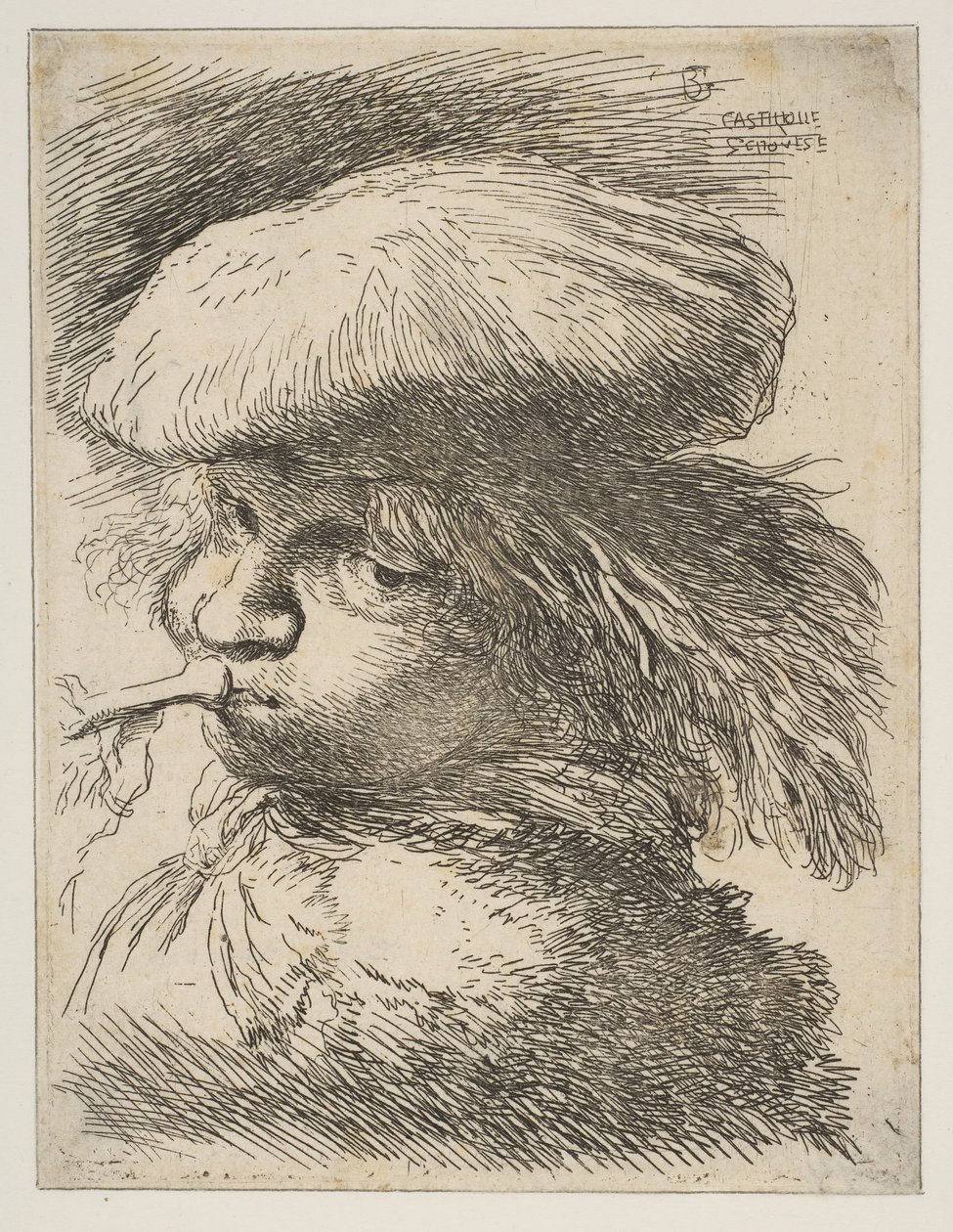 Ung mand med en trompet vendt mod venstre, fra serien af Small Heads in Oriental..., ca. 1645-1650. af Giovanni Benedetto Castiglione