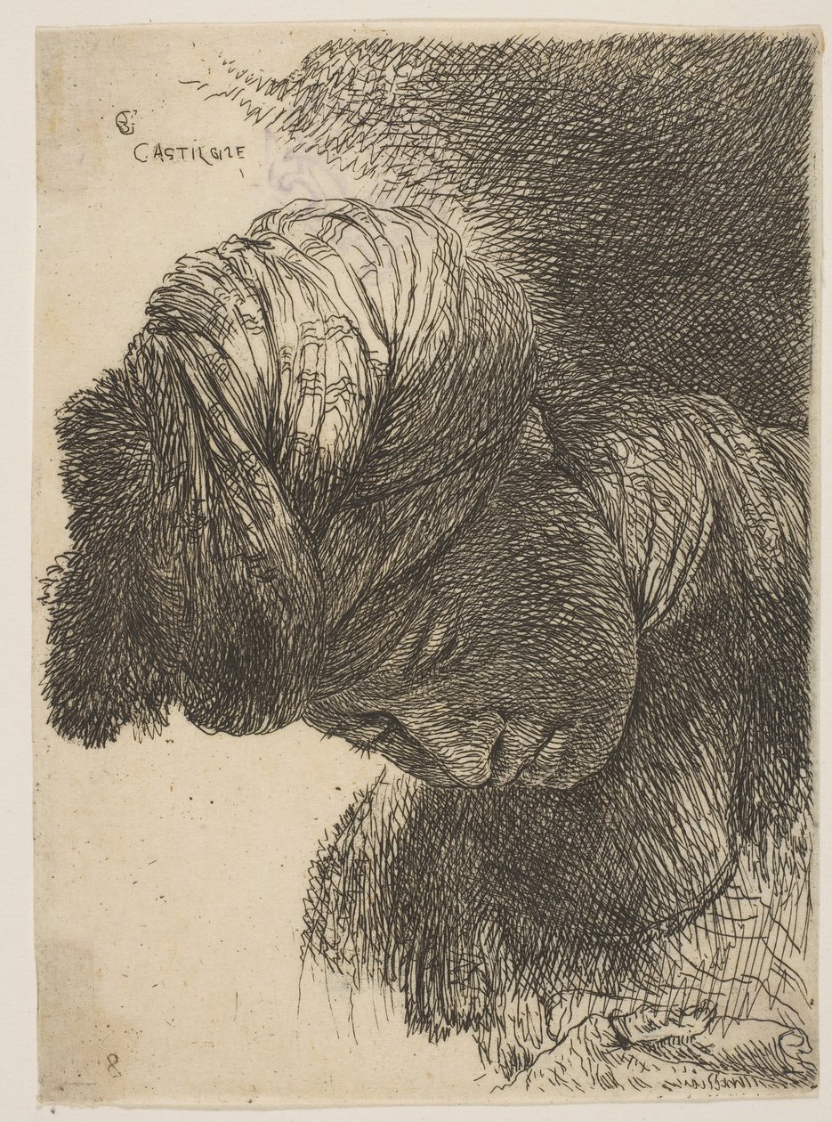 Ung mand med hovedet sænket, iført turban, vendt mod venstre, fra serien o..., ca. 1645-1650. af Giovanni Benedetto Castiglione