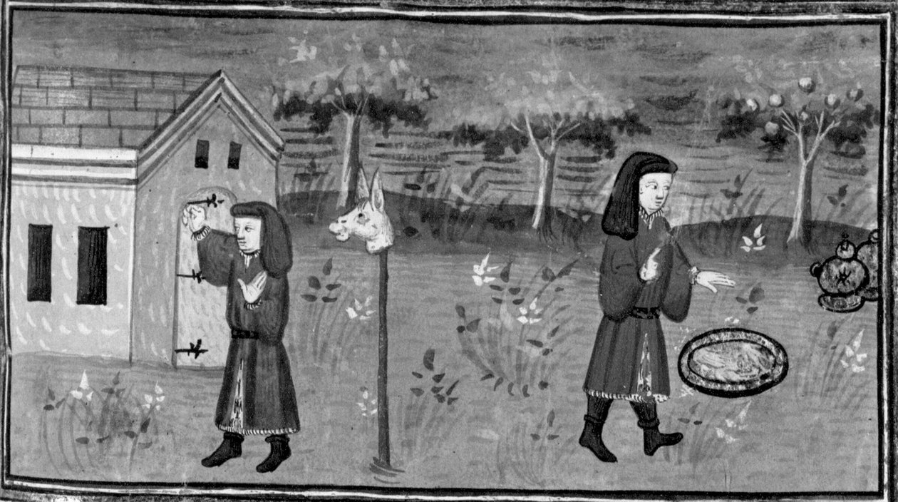 Decameron,Frédéric banker på Madame Tessas dør; manden finder mad og vin under et ferskentræ. Syvende dag, novelle 1 af Giovanni Boccaccio