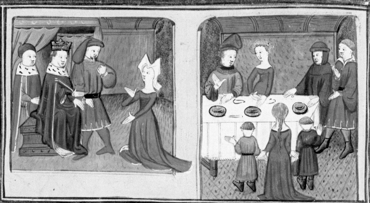 Decameron,Giletta beder kongen om lov til at gifte sig med Beltramo di Rossiglione; Giletta præsenterer sine børn for Beltramo. Tredje dag, novelle 9 af Giovanni Boccaccio