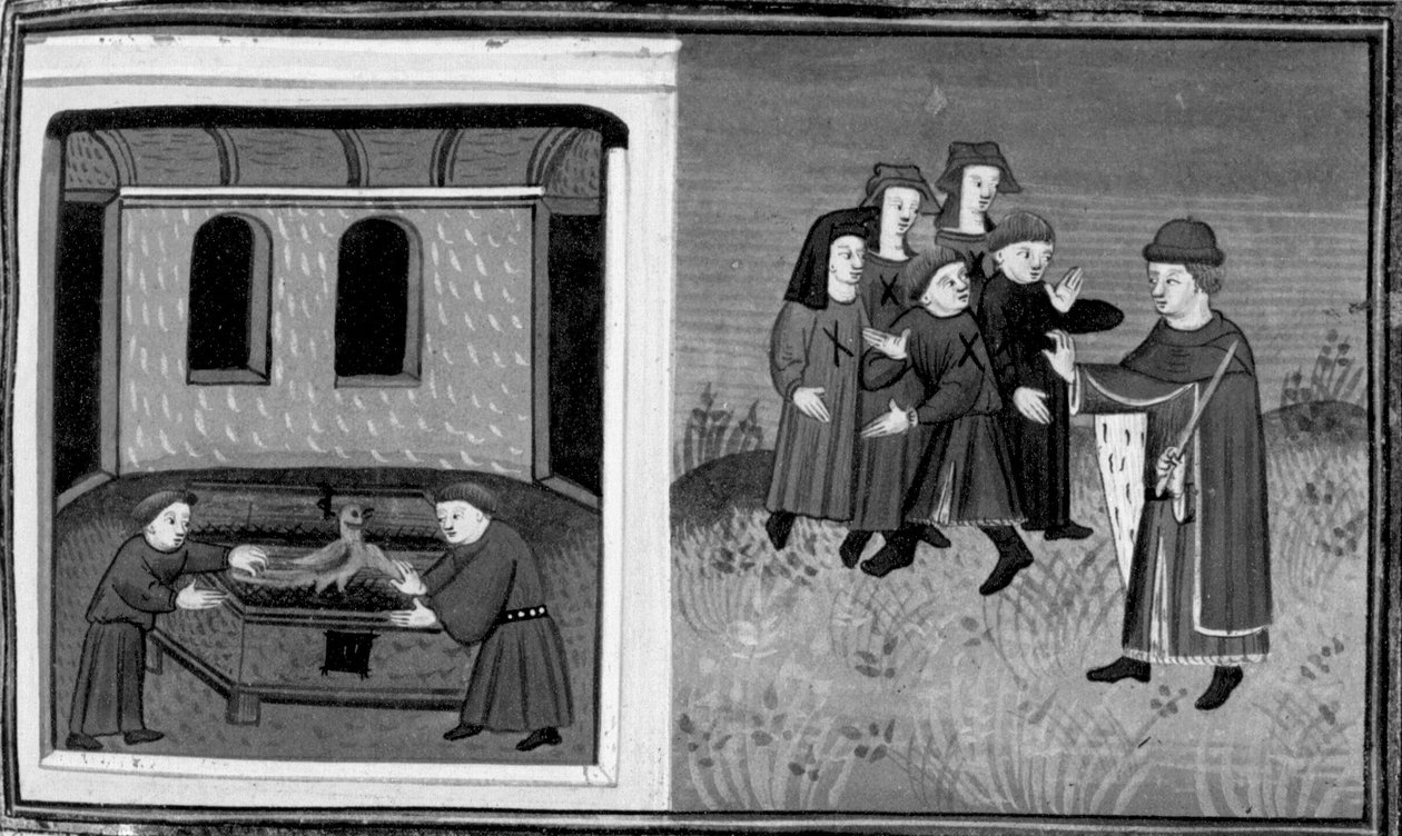 Decameron, Giovanni del Bragoniera og Biagio Pizzini stjæler relikviet fra broder Ciboule; munken mærker landsbyboernes tøj med kullene. Dag seks, nyhed 10 af Giovanni Boccaccio