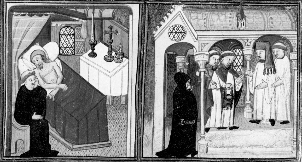 Decameron,Den døende Ciappellettos skriftemål; de troende inviteres til andagt. Første dag, novelle 1. af Giovanni Boccaccio