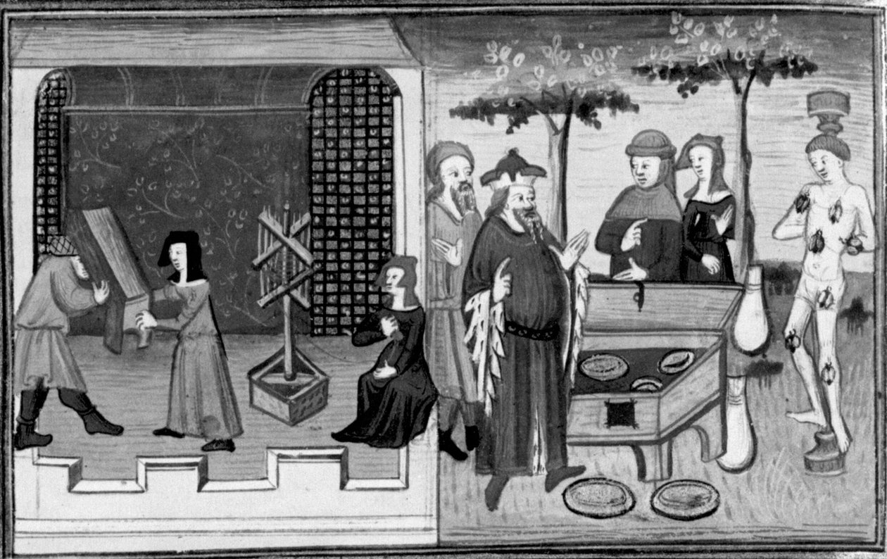 Decameron, Ambrogiuolo bliver båret til Bernabòs hus i en kasse; Ambrogiuolo bliver straffet for sit bedrag. Anden dag, novelle 9 af Giovanni Boccaccio