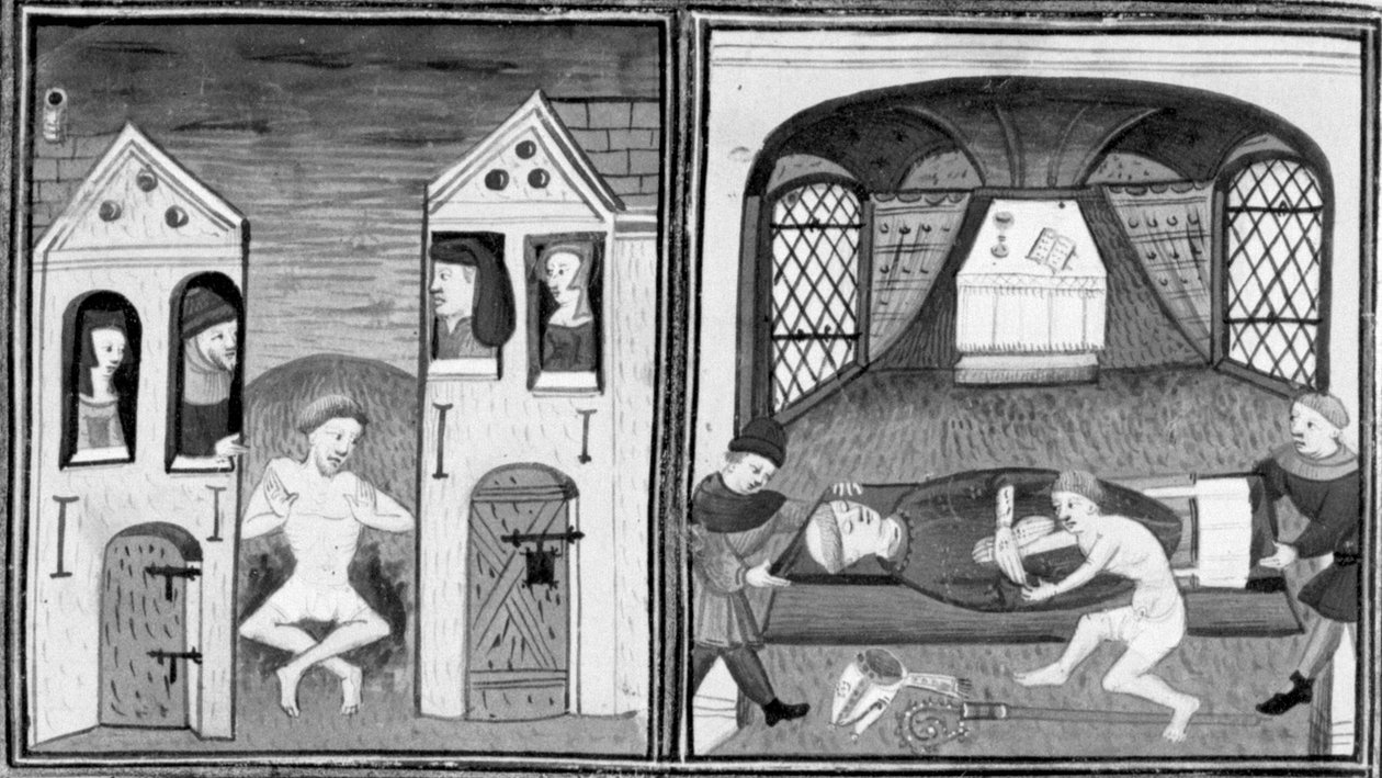 Decameron, Andreuccio falder ned i latrinen; Andreuccio hjælper med at plyndre biskoppens grav. Anden dag, novelle 5 af Giovanni Boccaccio