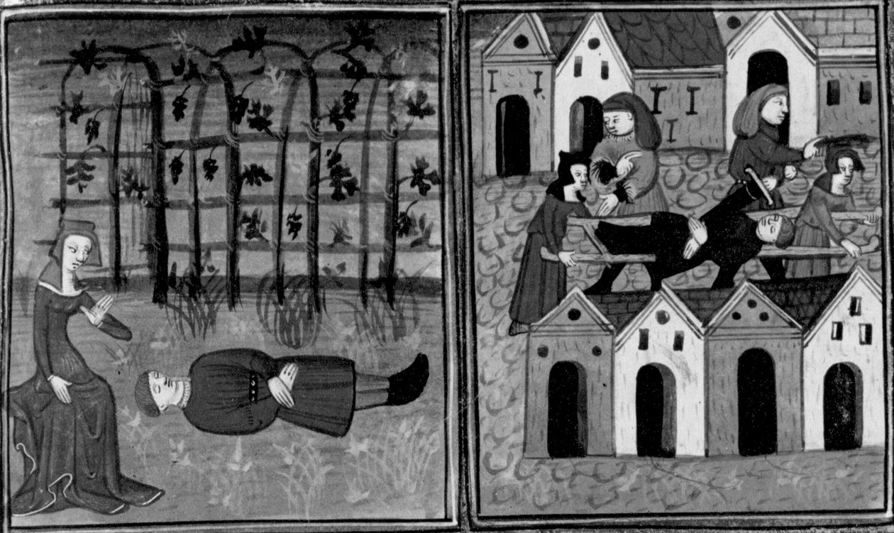 Dekameron,
Andreuola finder Gabriote død; podestà arresterer Andreuola. Fjerde dag, nyhed 6 af Giovanni Boccaccio