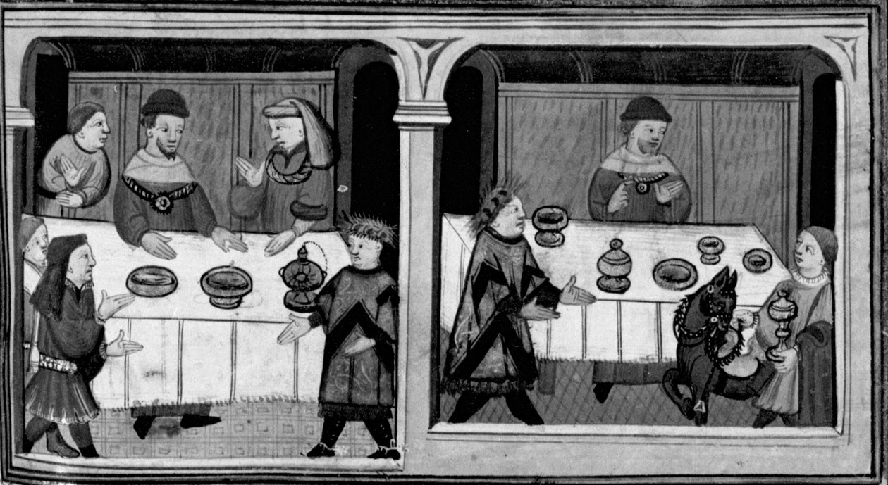 Decameron, Bergamin er inviteret til bords hos Cangrande della Scala; Bergamin modtager overdådige gaver. Første dag, ny 7. af Giovanni Boccaccio