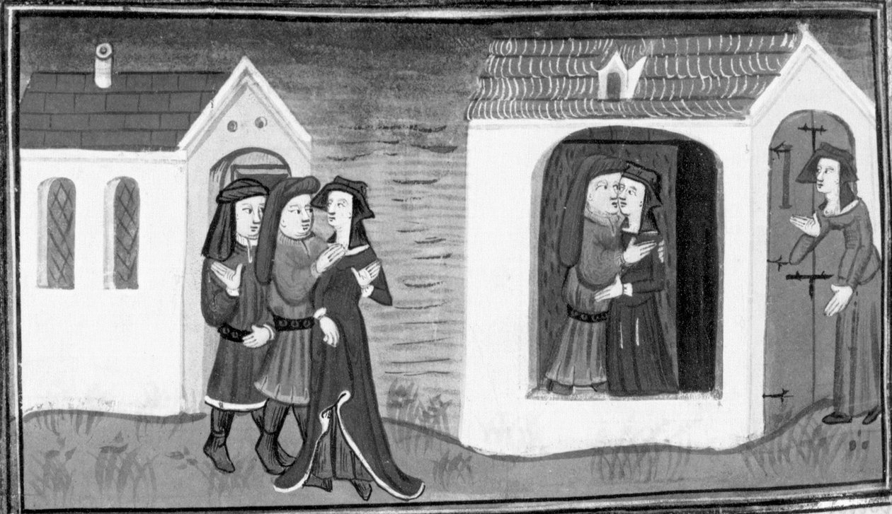 Decameron, Calandrino bejler til Niccolosa; Calandrinos kone overrasker sin mand med Niccolosa. Niende dag, novelle 5 af Giovanni Boccaccio