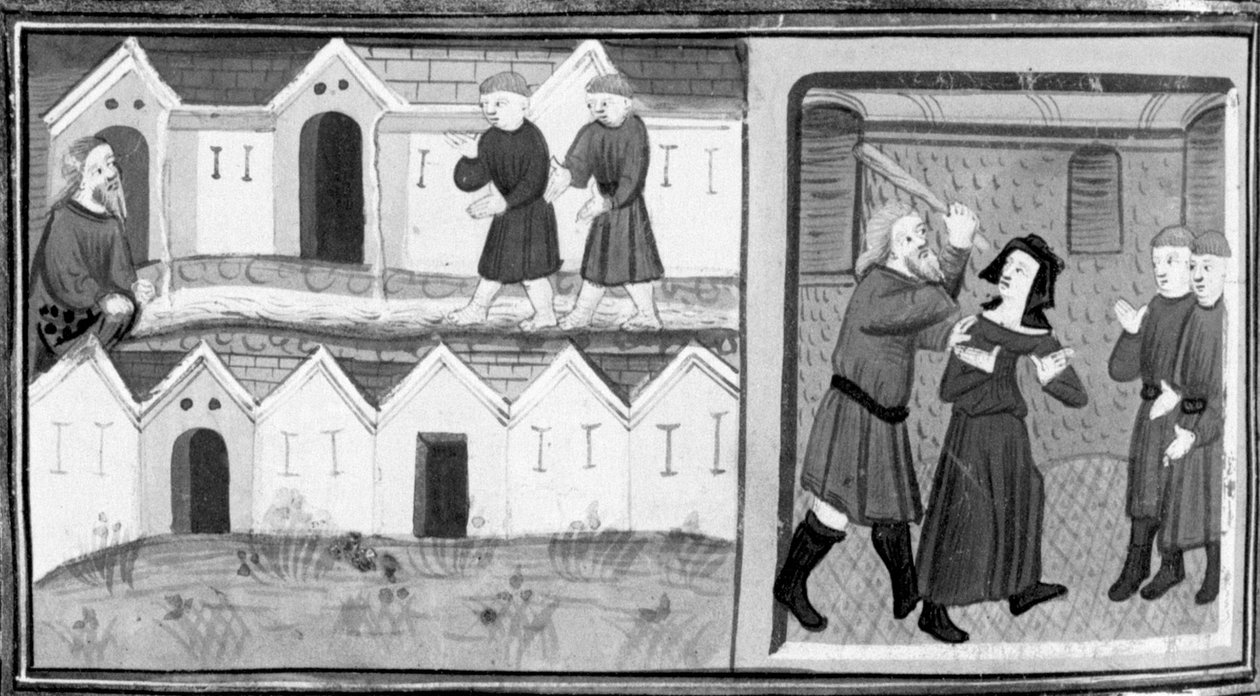Decameron, Calandrino og hans venner leder efter heli-tropen i Mugnon; Calandrino slår sin kone. Ottende dag, novelle 1 af Giovanni Boccaccio
