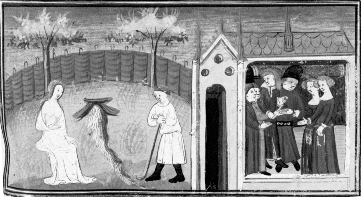 Dekameron, Cimon observerer Ifigenia; der fejres et dobbeltbryllup. Femte dag, novelle 1 af Giovanni Boccaccio