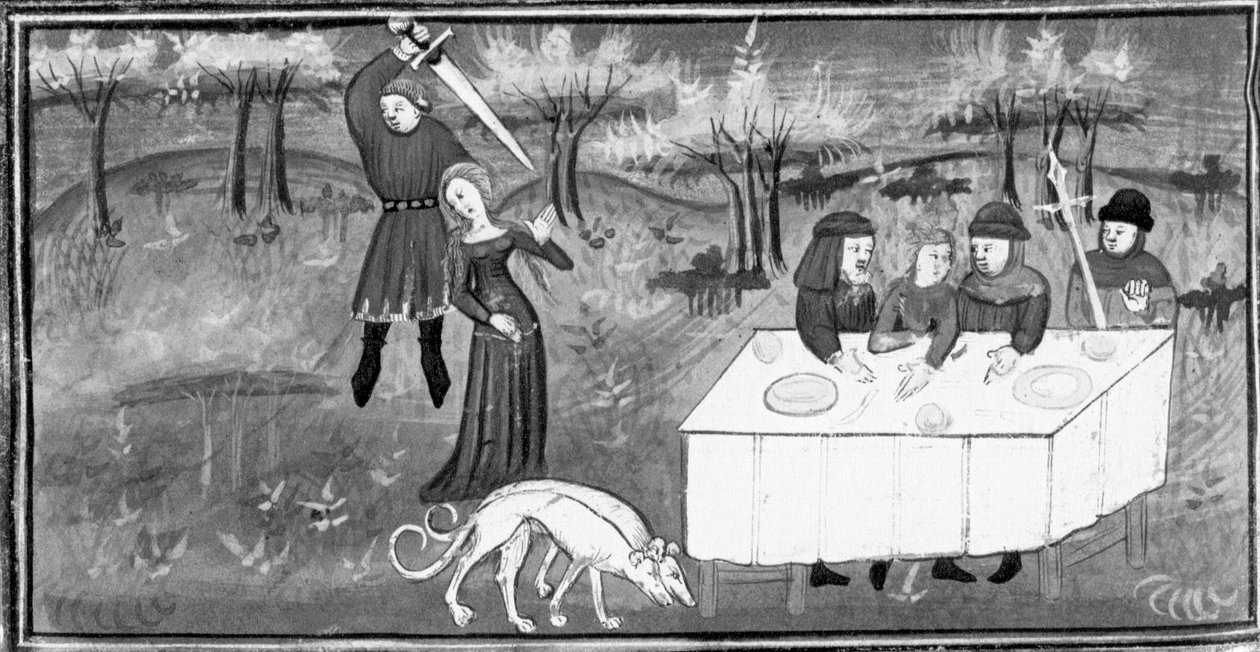 Decameron, Mænd ved en banket ser en ridder angribe en ung pige. Femte dag, novelle 8 af Giovanni Boccaccio