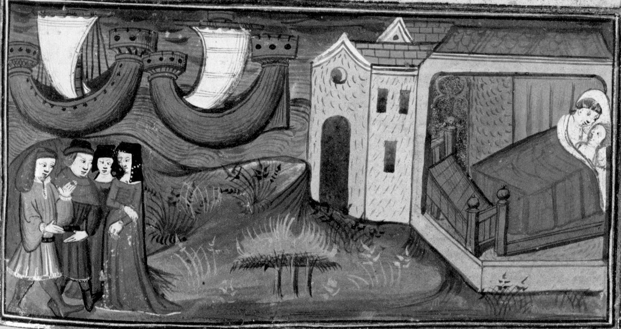 Decameron, To adelige par ved havet; Ricciardo går i seng med Catella. Tredje dag, novelle 6 af Giovanni Boccaccio