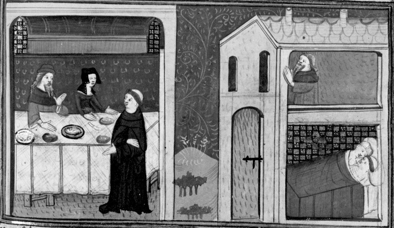 Decameron, Don Felice er inviteret til broder Puccios bord; Don Felice er i seng med Puccios kone. Tredje dag, novelle 4 af Giovanni Boccaccio