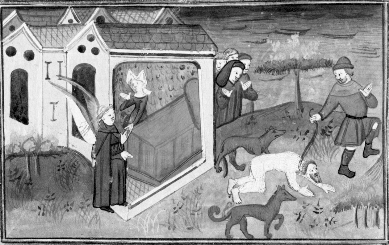 Decameron, broder Alberto besøger Lisetta; Alberto, klædt ud som en vildmand, bliver ført ud på gaden. Fjerde dag, novelle 2 af Giovanni Boccaccio