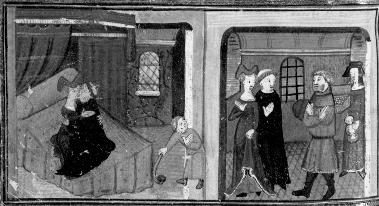 Decameron, Broder Rinaldo går i seng med sin gudsøns mor; broderen bliver belønnet af barnets far . Syvende dag, novelle 3 af Giovanni Boccaccio