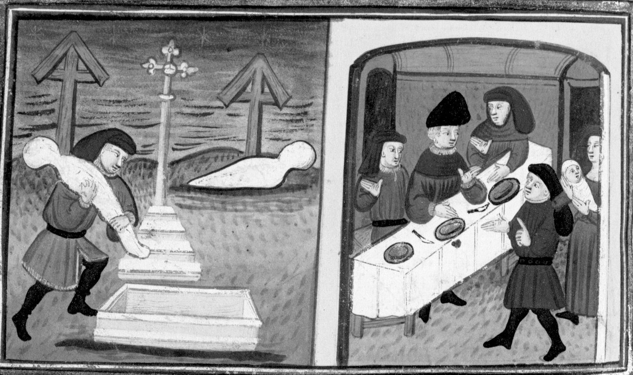 Decameron, Gentile Carisendi redder Catalina fra graven; manden præsenterer kvinden og hendes søn for gæsterne. Den tiende dag, novelle 4 af Giovanni Boccaccio