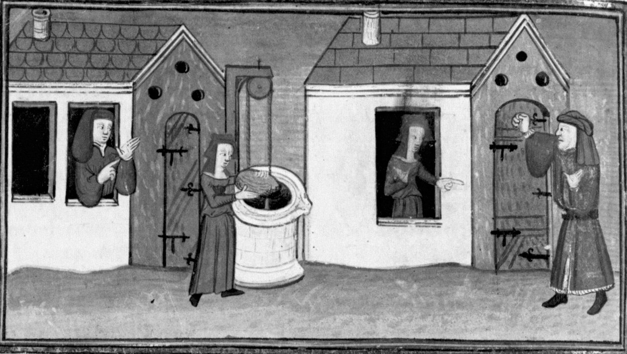 Decameron, Ghita kaster en sten i brønden; Tofano er låst ude af huset . Syvende dag, novelle 4 af Giovanni Boccaccio