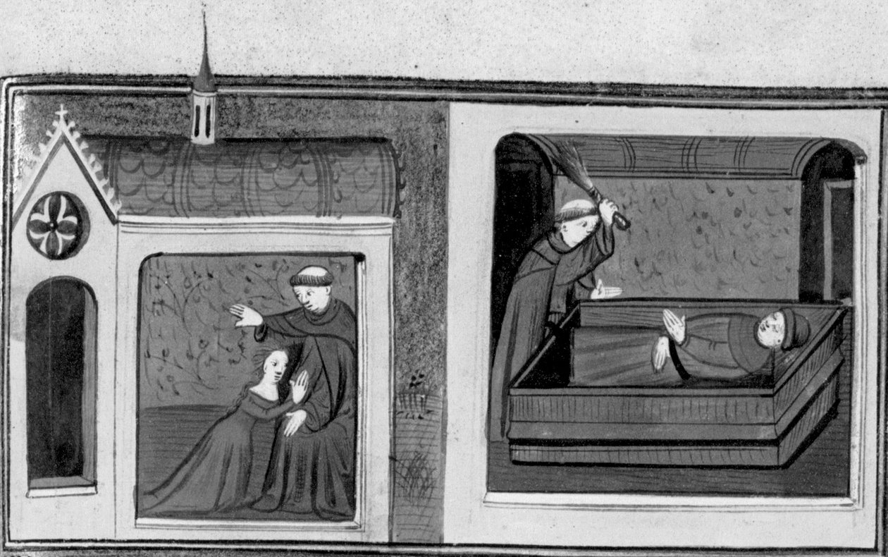 Decameron, Ferondos kone går til bekendelse over for abbeden; abbeden straffer Ferondo. Tredje dag, novelle 8 af Giovanni Boccaccio