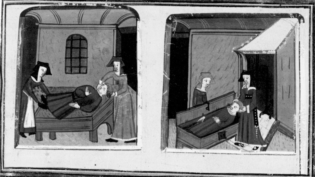 Decameron, Mazzeos kone tror, at hendes elsker er død; kvinden gemmer liget i en kuffert. Fjerde dag, novelle 10 af Giovanni Boccaccio