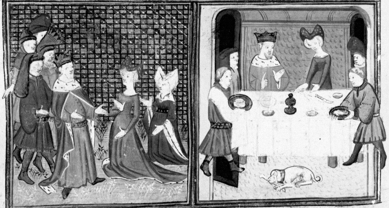 Decameron, Markisen af Montferrat modtager Filip den Enøjede; adelen sætter sig til bords. Første dag, ny 5. af Giovanni Boccaccio