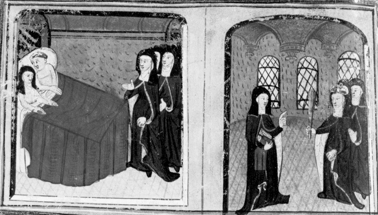 Decameron, Nonnen Isabella bliver taget i at gå i seng med en elsker; abbedissen skælder Isabella ud. Niende dag, novelle 2 af Giovanni Boccaccio