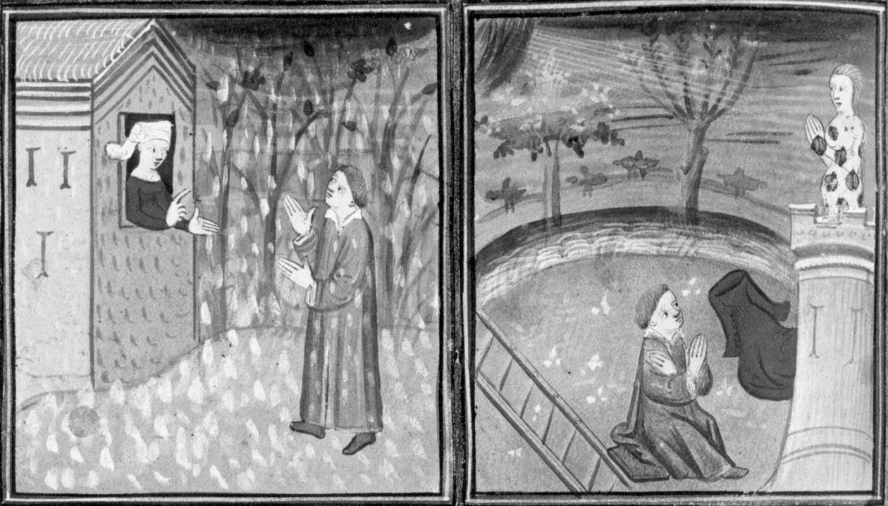 Decameron, Enken Elena låser Rinieri ude af huset; manden efterlader kvinden nøgen på toppen af et tårn. Ottende dag, novelle 7 af Giovanni Boccaccio
