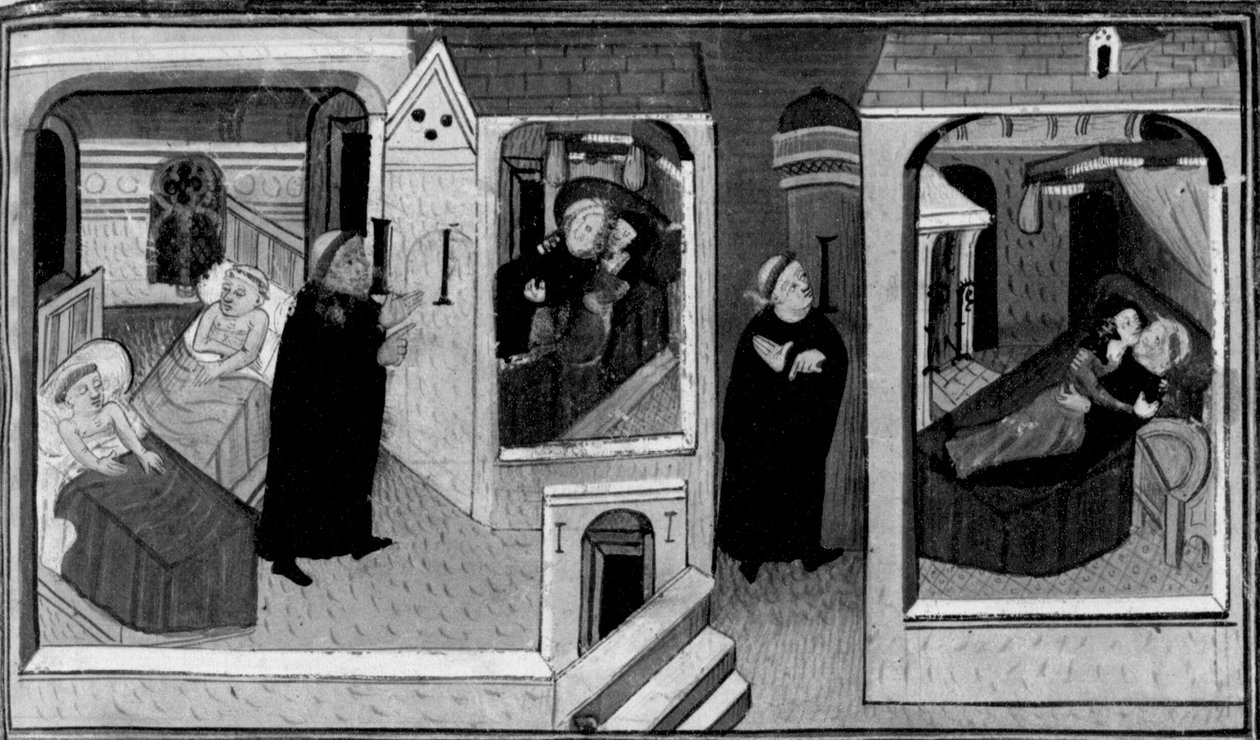 Decameron, Abbeden udspionerer munken i hans celle; munken udspionerer til gengæld abbeden. Første dag, nyhed 4. af Giovanni Boccaccio