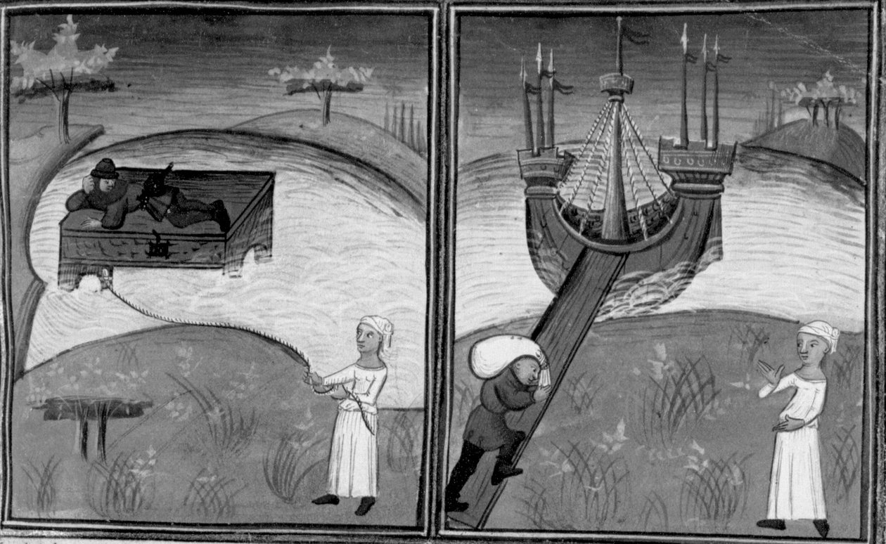 Decameron, Landolfo Rufolo bliver reddet af en kvinde; Landolfo vender hjem. Anden dag, novelle 4 af Giovanni Boccaccio