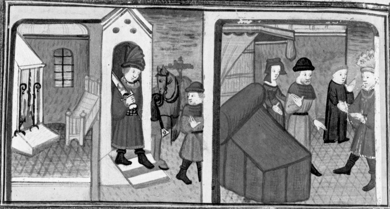 Decameron, Ridderen Lambertuccio flygter fra Isabellas værelse; kvindens mand finder elskeren i værelset . Syvende dag, novelle 6 af Giovanni Boccaccio