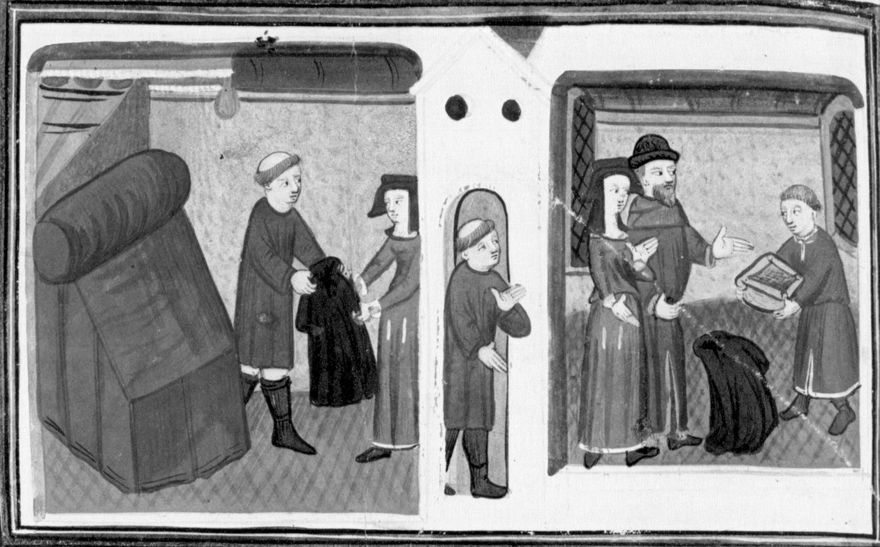 Decameron, Sognepræsten i Varlungo pantsætter sin frakke til Madame Belcolore; en gejstlig giver kvinden en morter. Ottende dag, novelle 2 af Giovanni Boccaccio